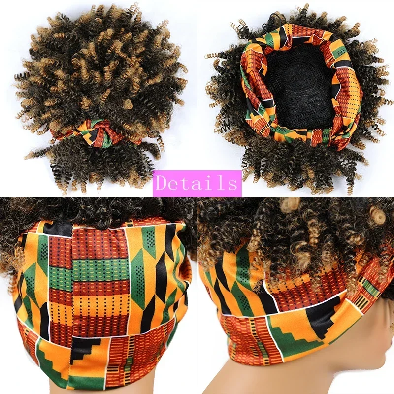 Short Kinky Curly Headband Wigs Afro Puff Curly Headband Wig For Women Natural Synthetic Turban Wrap Wig Cosplay Daily Use