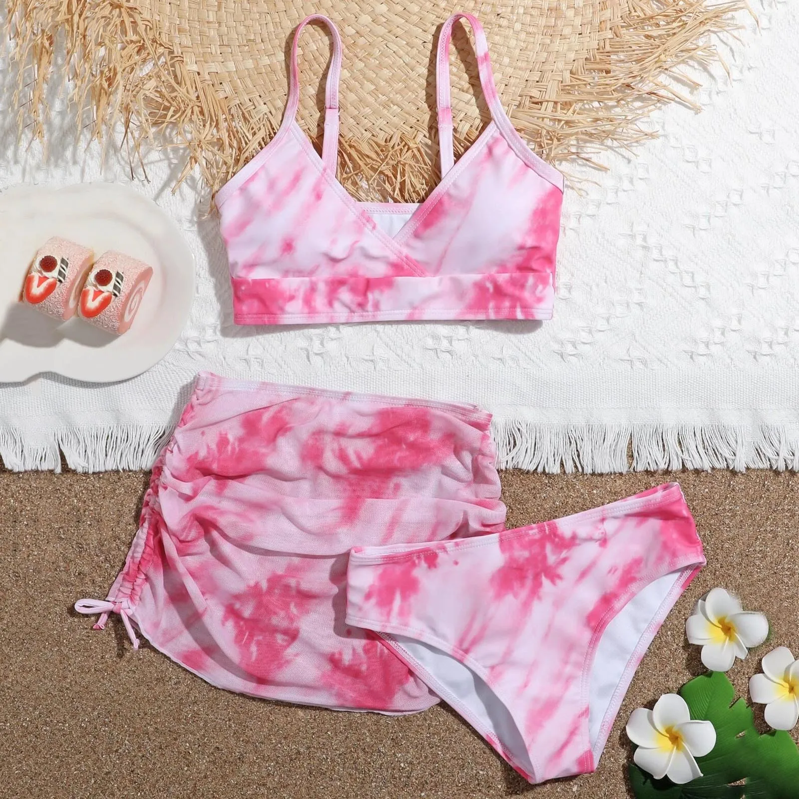 Three Piece Girls Summer Swimwear Printing Dyeing Floral Swimsuit Cute Crisscross Bathing Suit Beachwear Swim 5