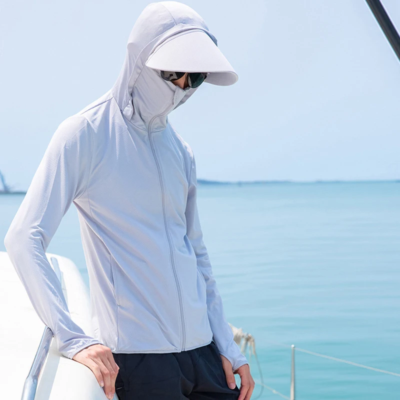 Summer Sunscreen Hoodie Tops Tees Outdoor Face-covering Fishing Hooded Thin Ice Silk Breathable UPF 50+ Men's UV Sun Protection