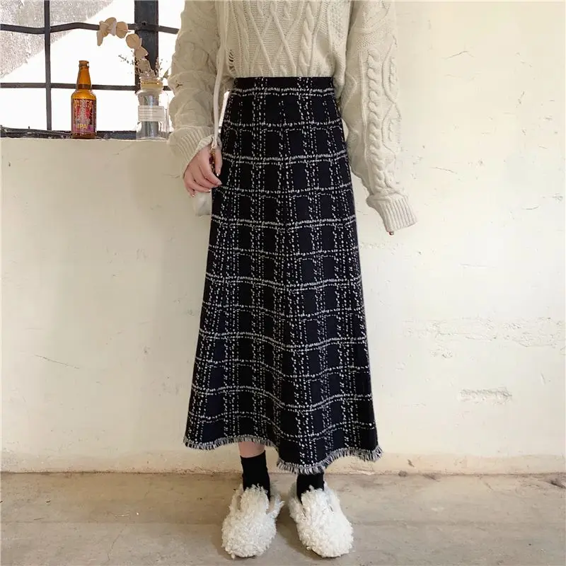 Korejepo Sweet Knitted Skirt Women Autumn Winter New A line Black Skirts Mid Length Umbrella Student Gentle Bottoms