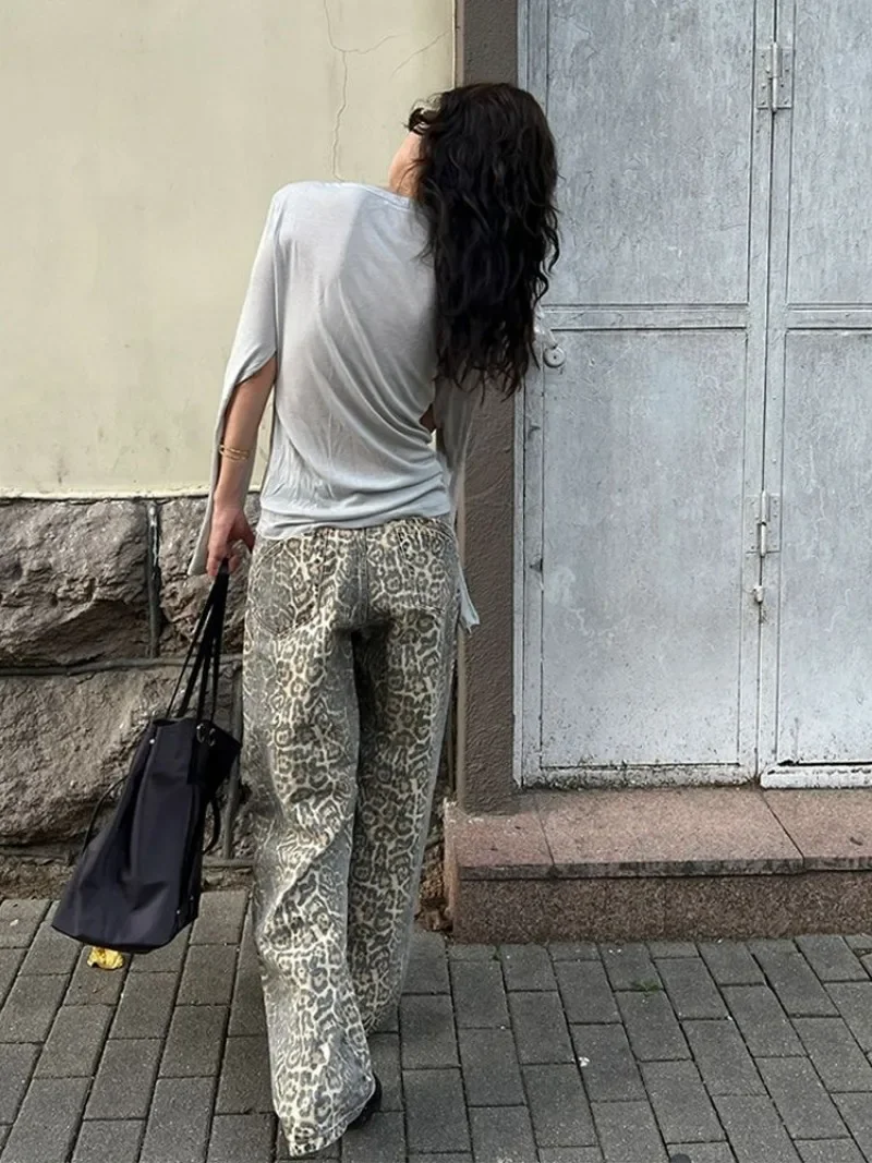 JRJL Leopard Print Jeans Woman Y2k Retro Street American Wide Leg Korean Style Wash Denim Pants Casual High Waist Baggy Jeans