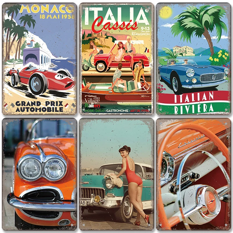 Retro Car Bus Beauty Poster Vintage Metal Plaque Signs Grand Prix Automobile Metal Tin Plate Garage Bar Pub Home Wall Decor