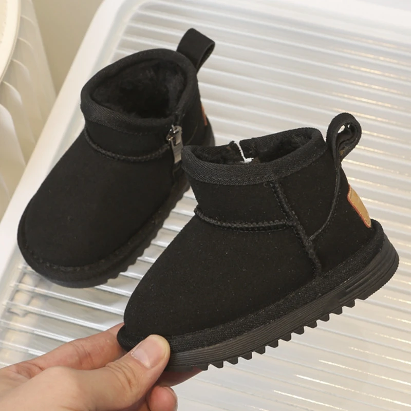 2023 New Genuine Leather Snow Boots For Kids Girls Boys Solid Suede Winter Zip Ankle Boots For 0-6years Children Woman Shoes