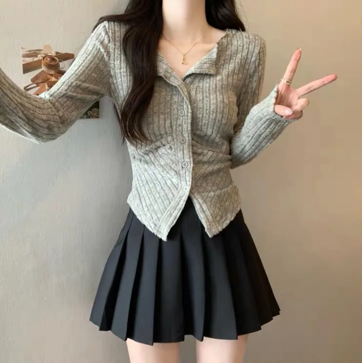 Sexy Knit Cardigan Women Long Sleeve Collar Sweater Autumn Korean Soft Slim Fit V Neck Knitwears Y2k Jumper Cropped Tops