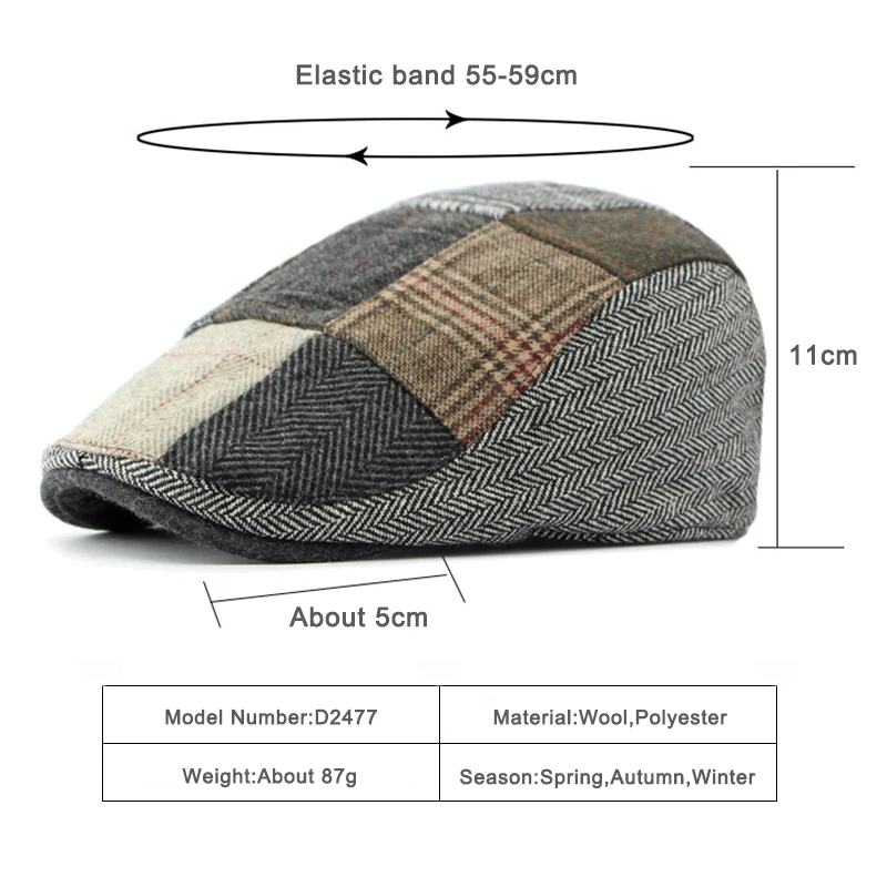 Retro Men's Berets Hat Autumn Patchwork Plaid Peaked Hat Gatsby Newsboy Cap Women Wool Flat Cabbie Ivy Cap Twill Herringbone Hat