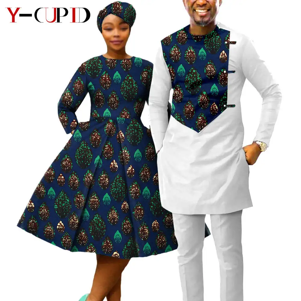 African Print Dresses for Women with Headwrap Matching Couple Outfits Dashiki Men Long Sleeve Pathwork Top and Pant Sets Y23C004