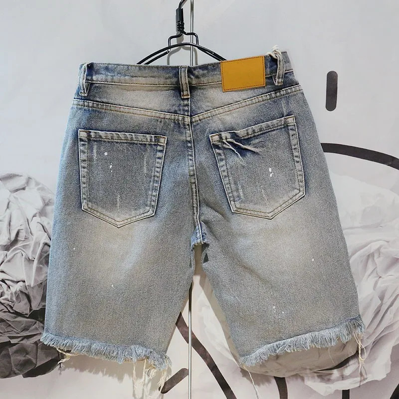 Summer Men Knee-Length Street Casual Hole Ripped Washed Denim Shorts Personality Zipper Straight Short Jeans 28-36 240327