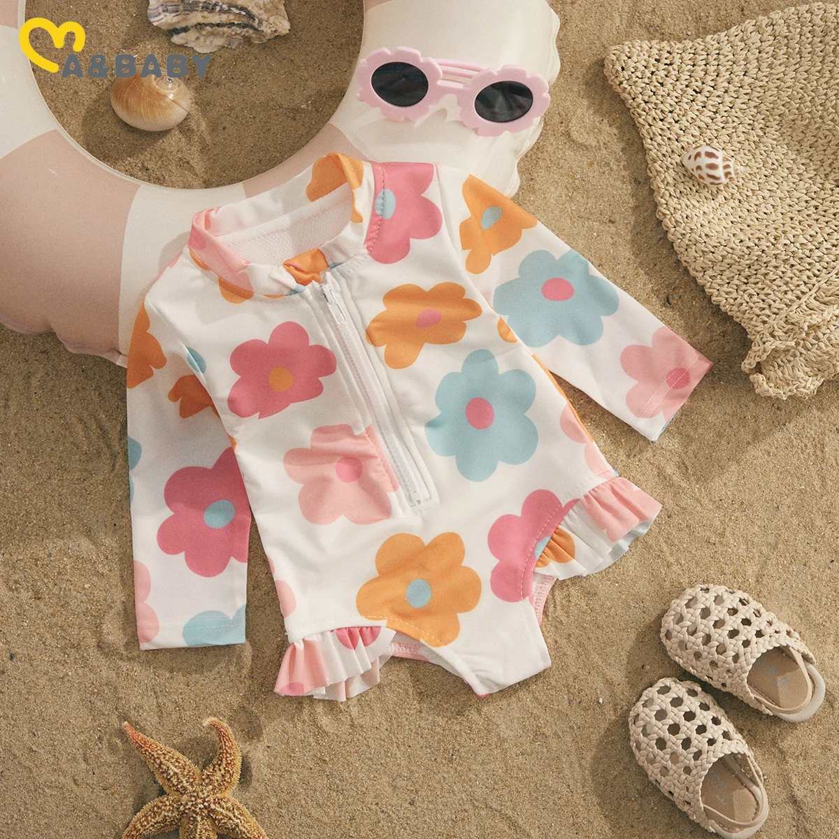 Ma&Baby 1-5Y Toddler Kid Baby Girls Swimsuit Children Floral Print Zipper Swimwear Long Sleeve Beachwear Summer Bathing Suit