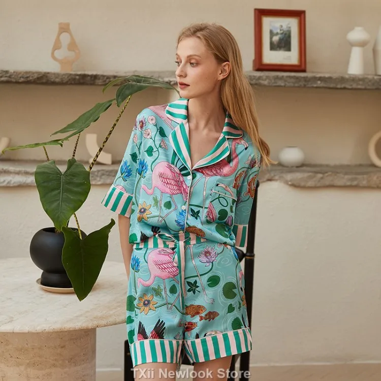 2023 Ins Style Niche Design new Ice Silk Pamas Women's Spring and Summer Long Sleeves Home Suit Plant Flowers Spring 2025 and Summer