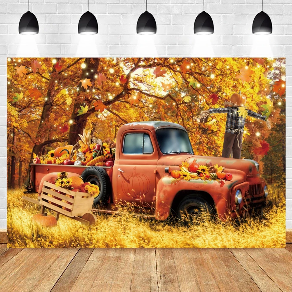 Autumn Scenery Photography Backdrop Fall Farm Barn Haystack Maple Pumpkin Truck Thanksgiving Baby Portrait Photo Background Prop