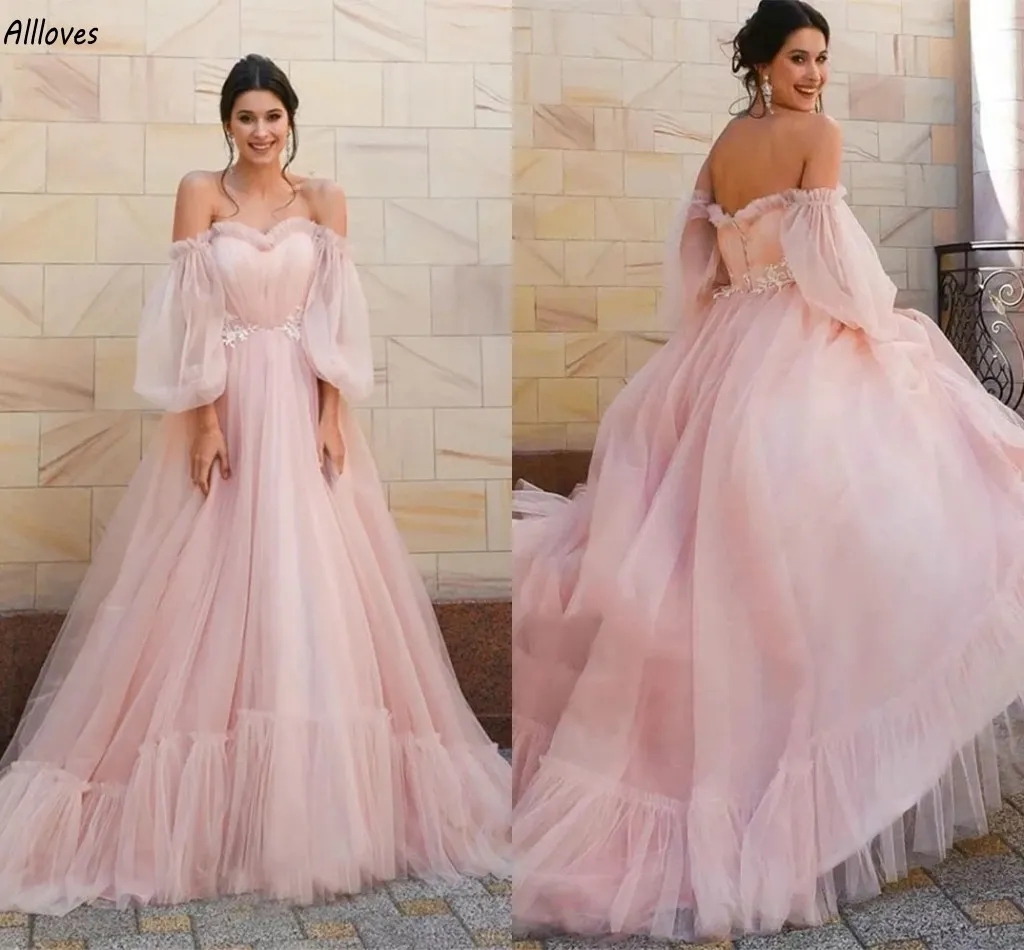 Blush Pink Puff Long Sleeves Prom Dresses Lace Appliqued Romantic Tulle Fairy Formal Evening Gowns Plus Size Pleats Second Reception Birthday Party Dr