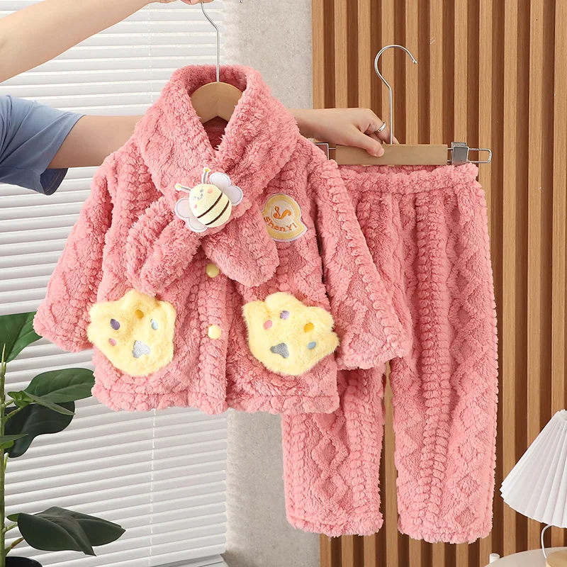 Flannel Pajamas Set New Winter Warm Homewear for Children Thicken Coral Fleece Clothing Suit Christmas Girls Boy Pijama 0-6Y