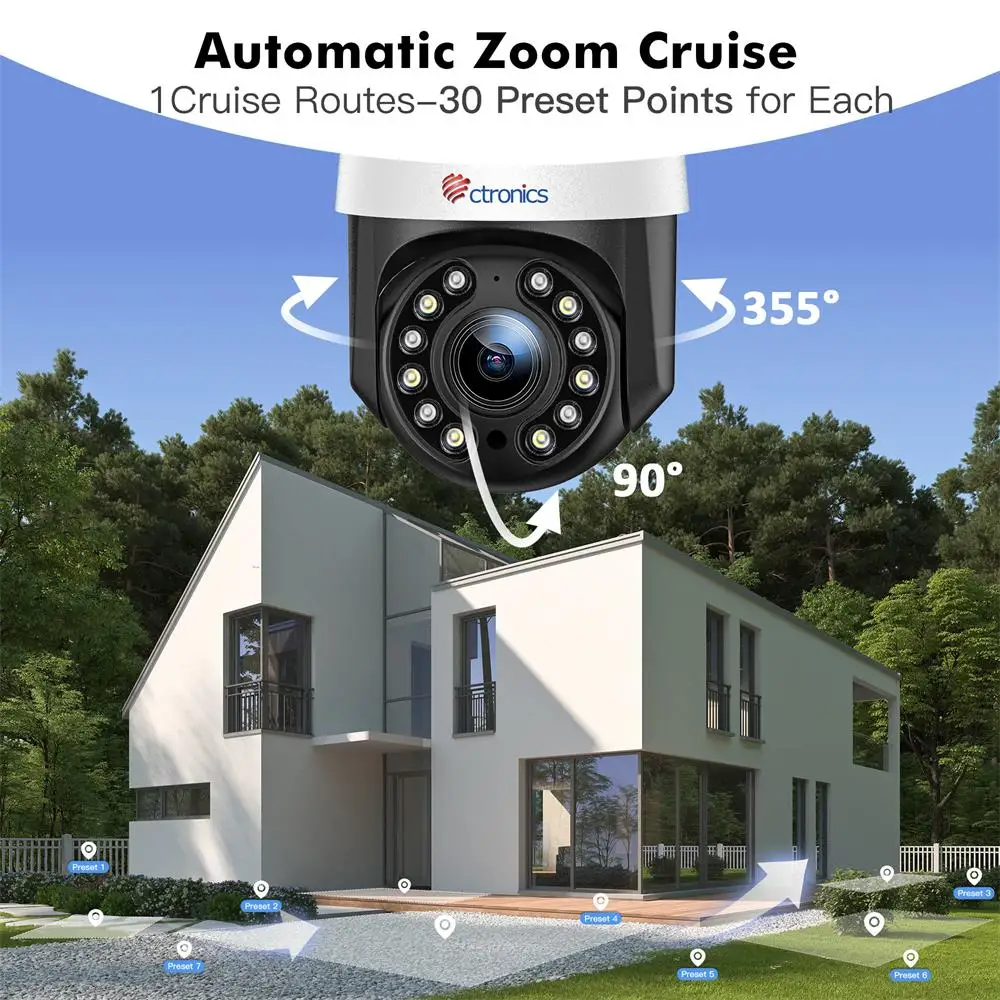 Ctronics 4K 8MP 16X Optical Zoom IP Camera 5G WiFi PTZ 360 Outdoor AI Auto Tracking Auto Zoom CCTV Color Night Vision