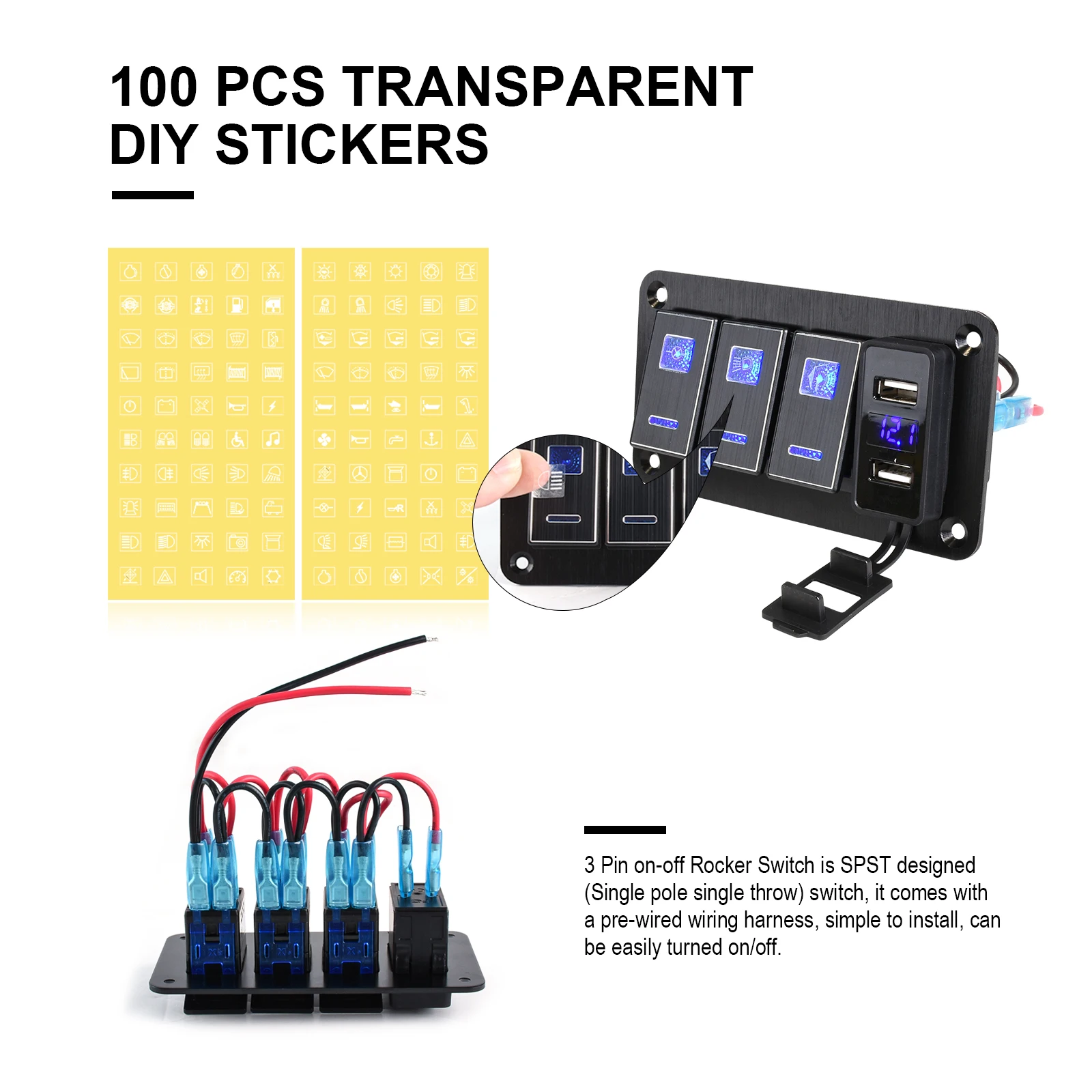 7gang toggle panel Dual USB car marine LED rocker switch 12V24V waterproof digital voltmeter suitable for camper truck RV