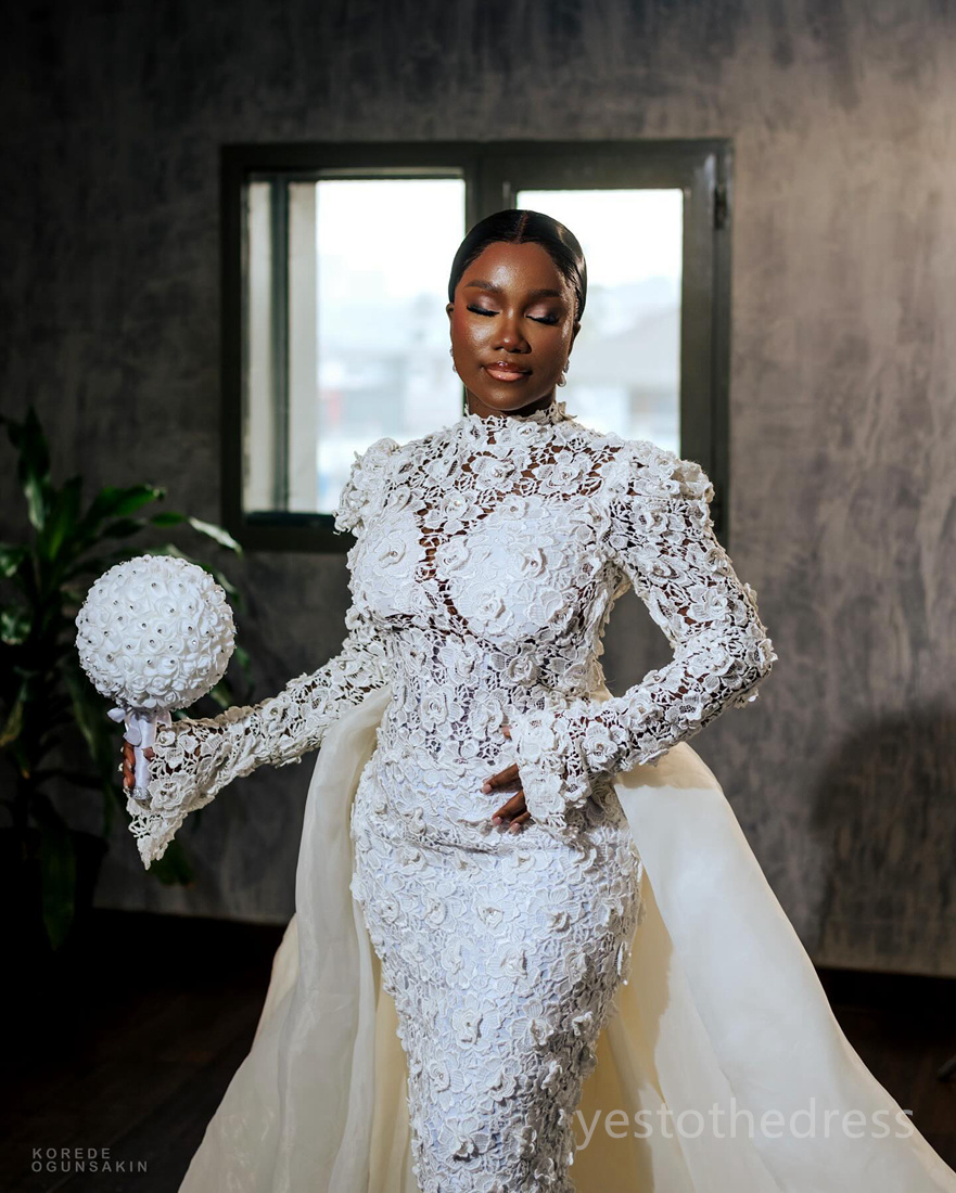 R&W 2024 Mermaid Dresses Bridal With Detachable Train High Neck Long Sleeves Beaded Lace Rhies Wedding Gowns Bride for Special Occaisons D215