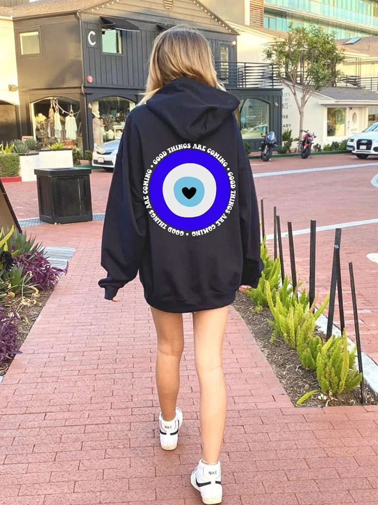 Good Things Are Coming Evil Eye Printing Women Hoodie Casual Comfortable Pullover Pocket Hip Hop Sweatshirt Street Style Clothes