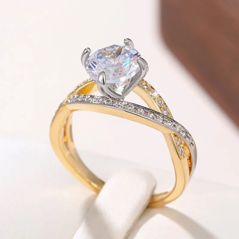 Huitan Cross Rings Claws Setting Cubic Zirconia for Women Trendy Wedding Band Accessories Two Tone Chic Jewelry
