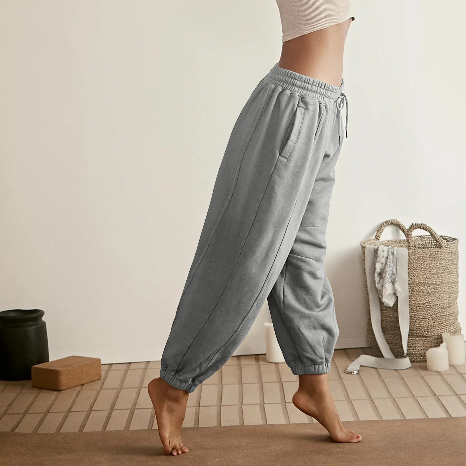 Autumn and Winter Women s High Waist Solid Color Casual Trousers Workout Sports Joggers Pants With Pockets