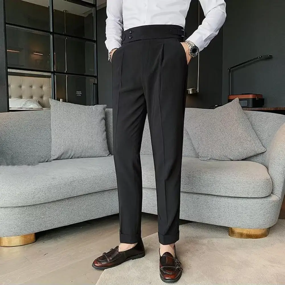 Straight-leg Trousers Men Suit Trousers Classic Men's Office Trousers Slim Fit High Waist Vintage Pockets for Formal Business
