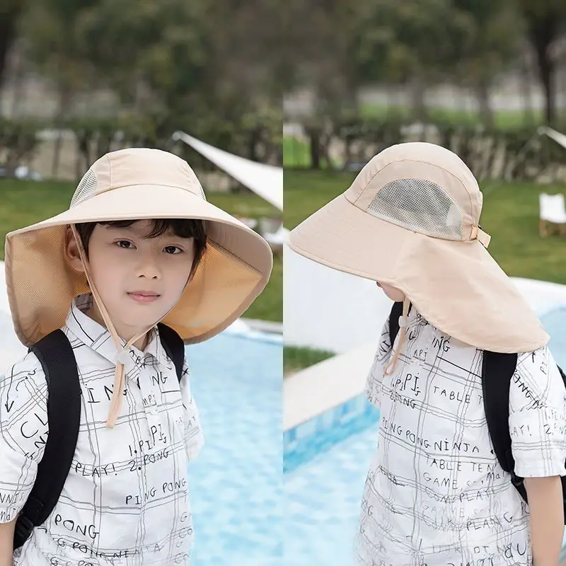 2023 New Solid Color Children Sun Hat Summer Kids Outdoor Neck Ear Cover Beach Caps Kids Travel Flap Cap for Children Boy Girl