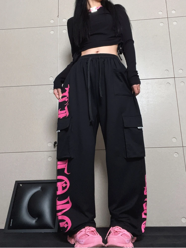 QWEEK Y2K Korean Style Jogging Sweatpants Women Streetwear Kpop Letter Print Cargo 2025 new Pants Oversize Haruku Egirl Sports Trousers