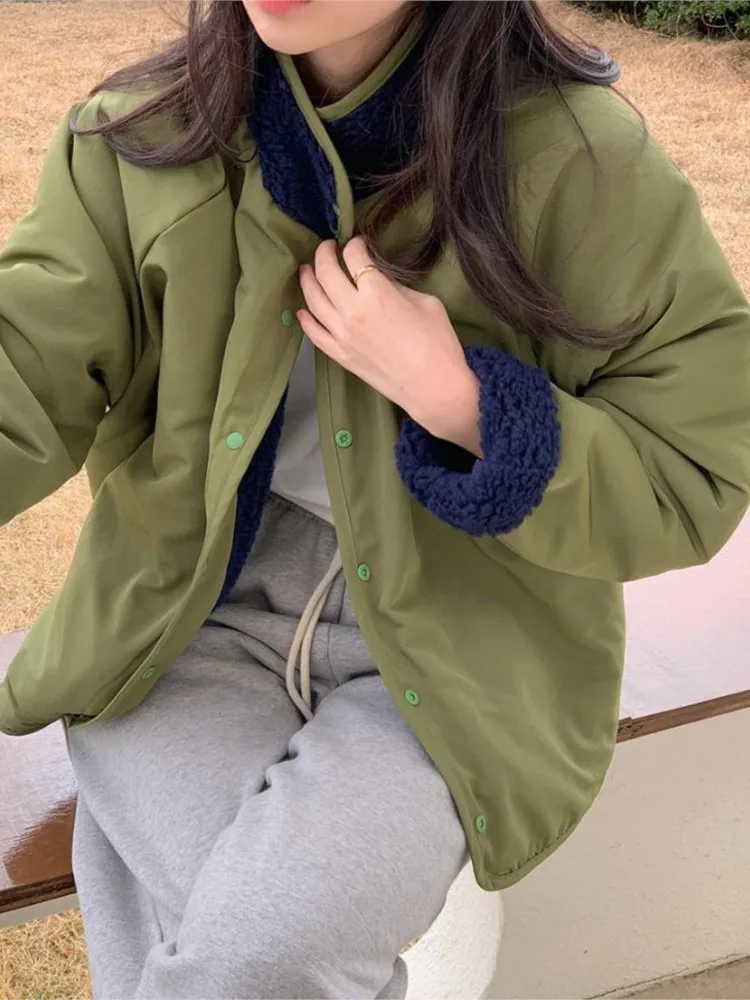 Autumn Reversible Teddy Patchwork Jacket Coat Women Korean Style Loose Long Sleeve Ladies Casual Modis Woman Jackets Coats 2023