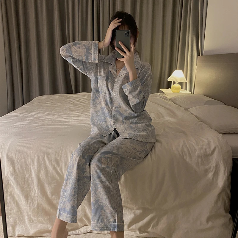 Autumn Spring Ice Silk Pajamas Women Sleepwear Long Sleeve Casual Nightwear Pyjamas Suit Home Clothes Floral Printed Sleep Set 240321