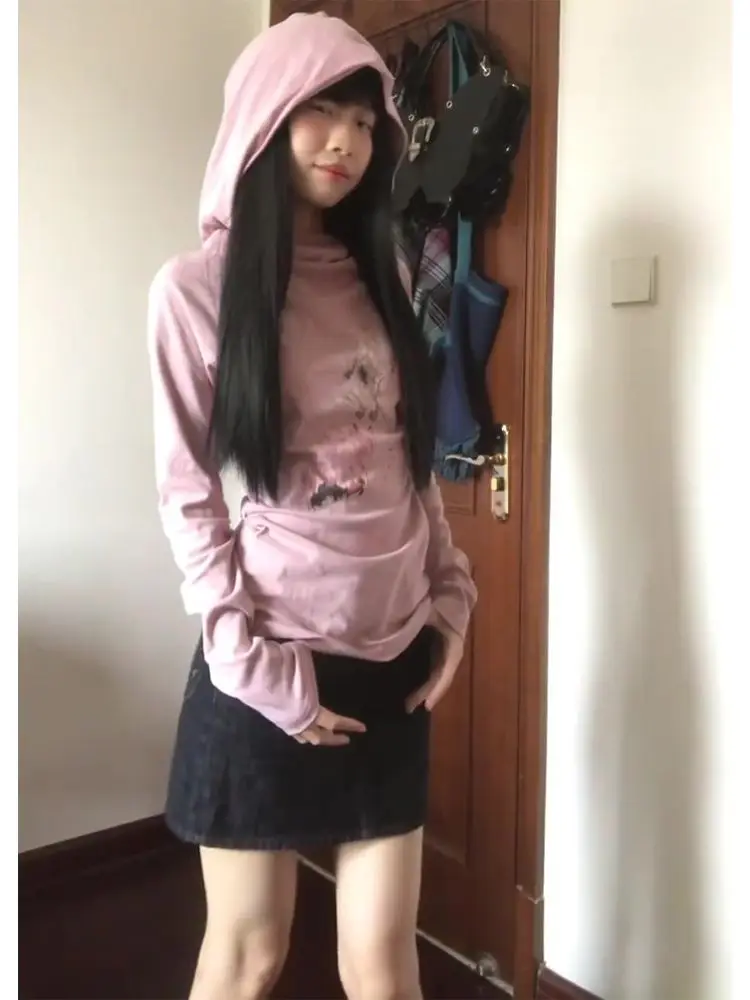 Deeptown Y2K Grunge Graphic Long Sleeve Tshirts Women Japanese Style Aesthetic Hooded Sweatshirts Vintage 90s Streetwear Tops