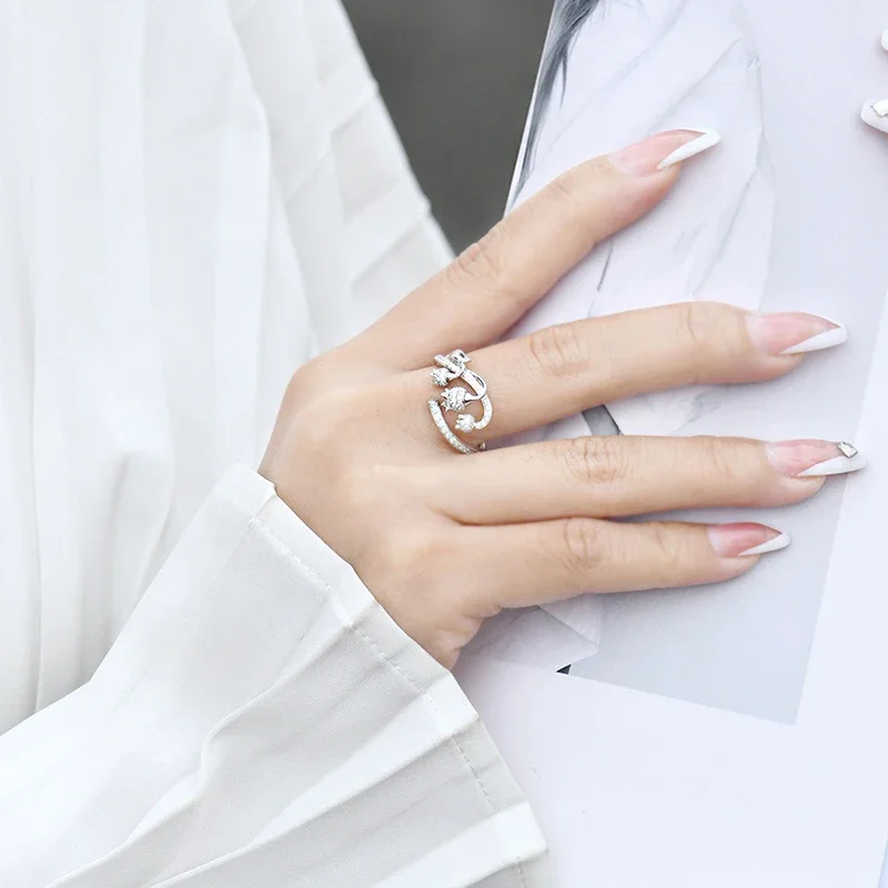 Flower Aesthetic Huitan Adjustable Finger Ring Female Brilliant Zirconia Jewelry for Engagement Ceremony Delicate Accessories smile