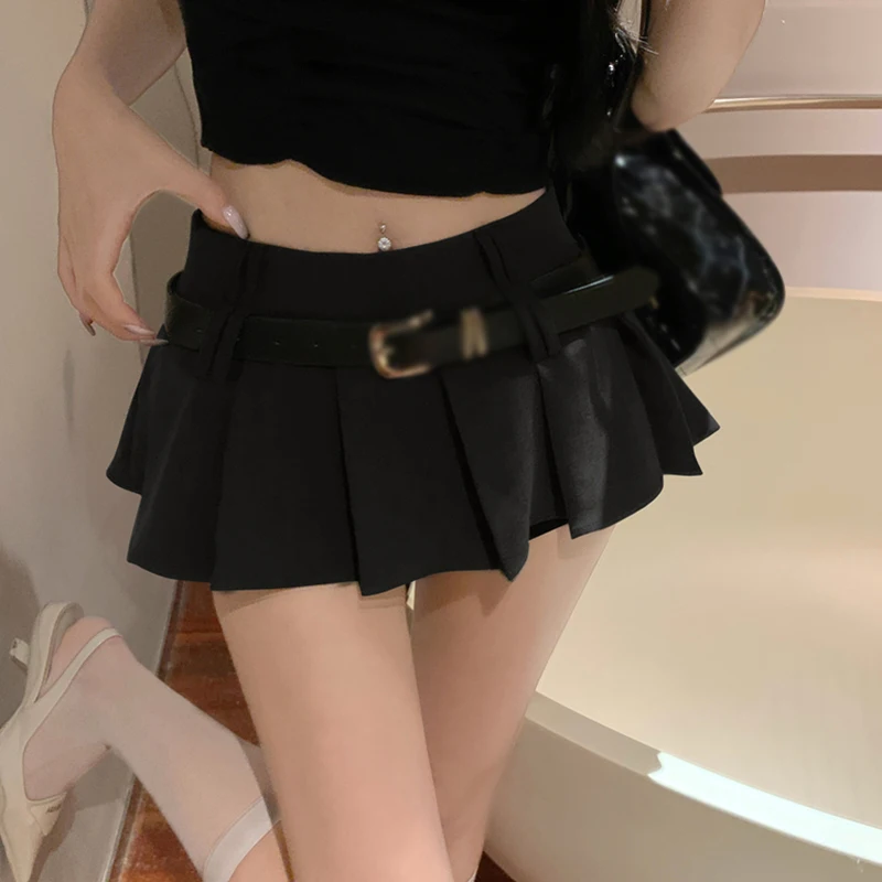 Vintage Gothic Black Mini Cargo Skirt Women Y2k Streetwear Korean Style Low Waist Pleated Skirt With Belt Sexy Micro Skirt Mujer