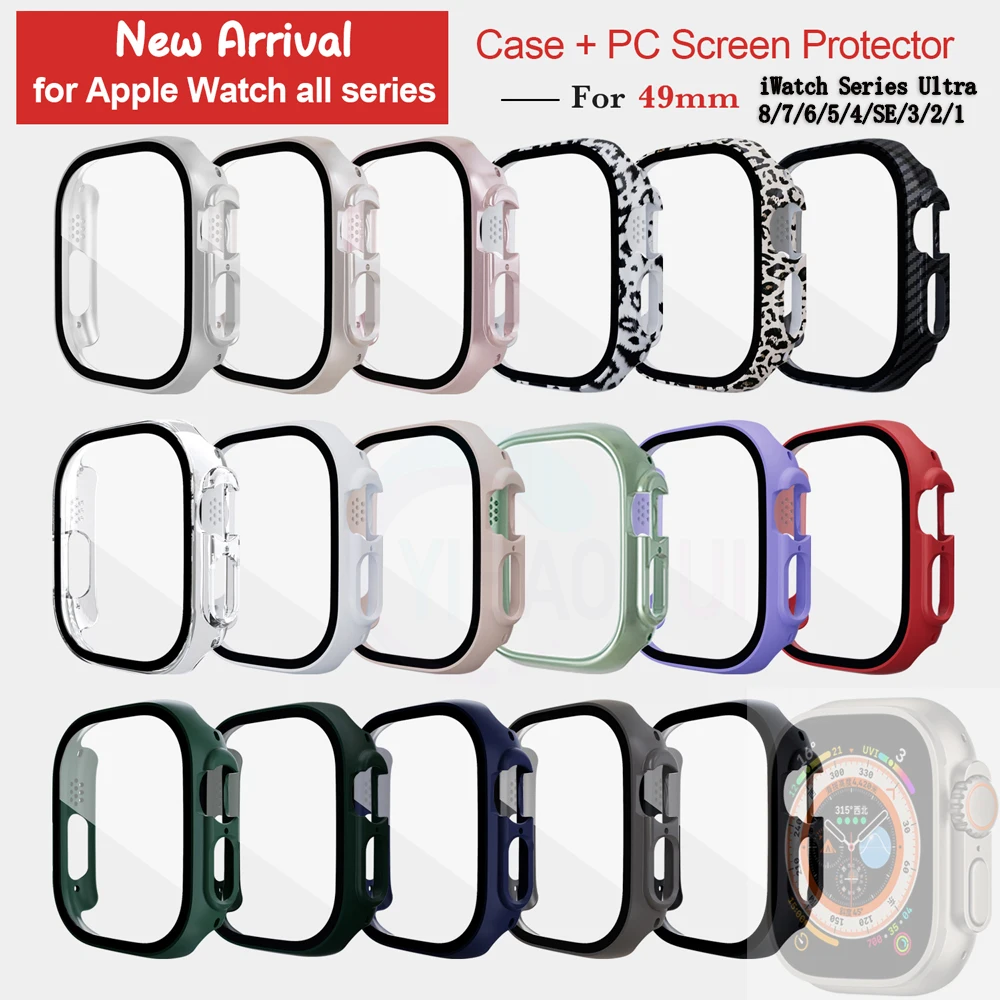 Glass+Cover For Apple Watch 8 Ultra 49mm 45mm 41mm 44mm 40mm 42mm 38mm PC Bumper Protective Case iWatch series 7 6 5 4 3 SE