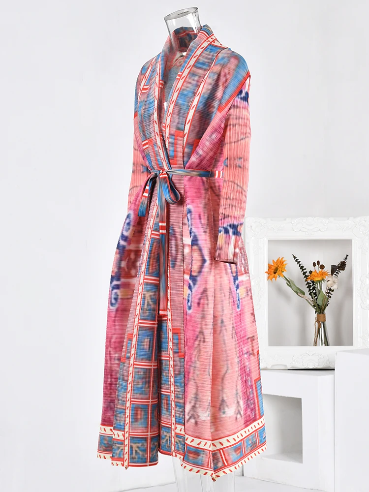 LANMREM Retro Pleated new Trench Coat For Women Long Sleeves Printing Open 2025 Coats Casual Outdoor Clothing 2024 New 32D891