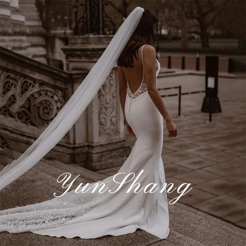 Yunshang Elegant Mermaid Wedding Dresses Women V-Neck Lace Open Back Spaghetti Straps Bridal Gown Sweep Train Vestidos De Novia