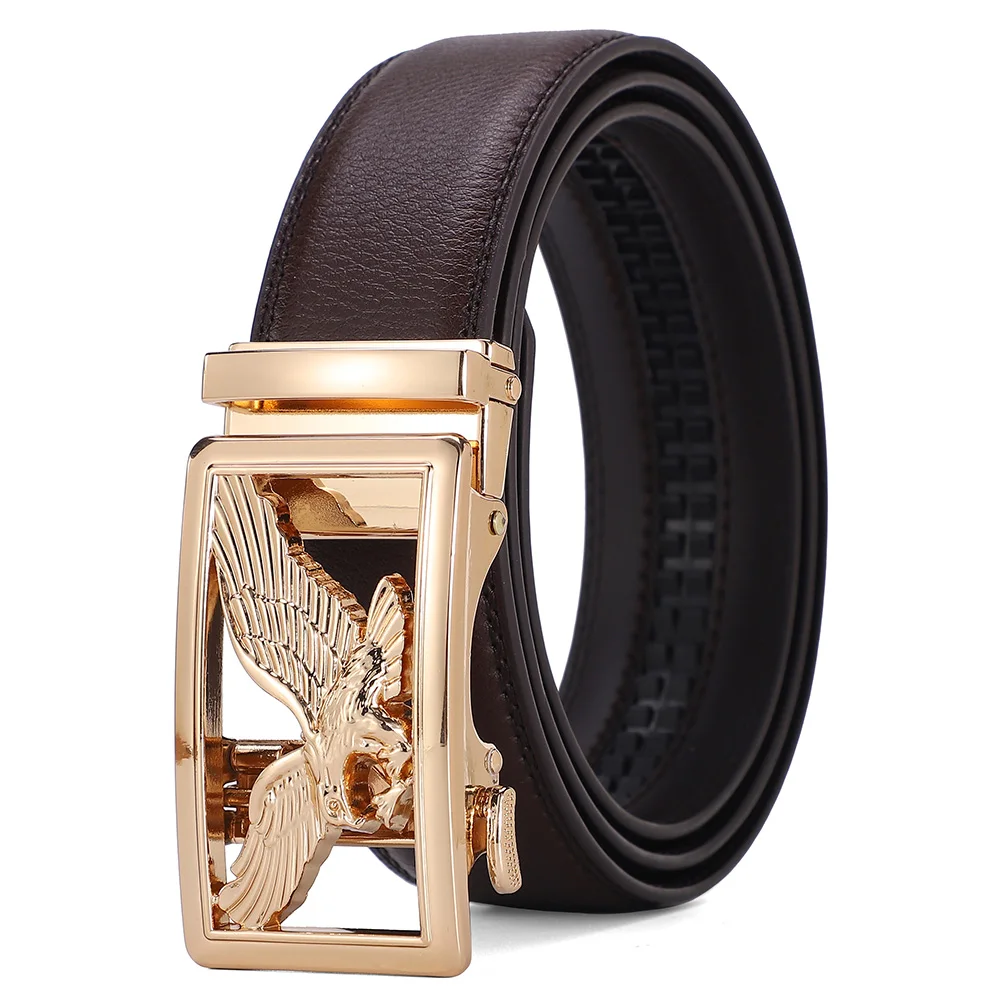 Genuine Leather Men's Belt Golden Gray Automatic Eagle Buckle Belts for Man High Quality Designer Waist Strap 3.5 CM Big Size