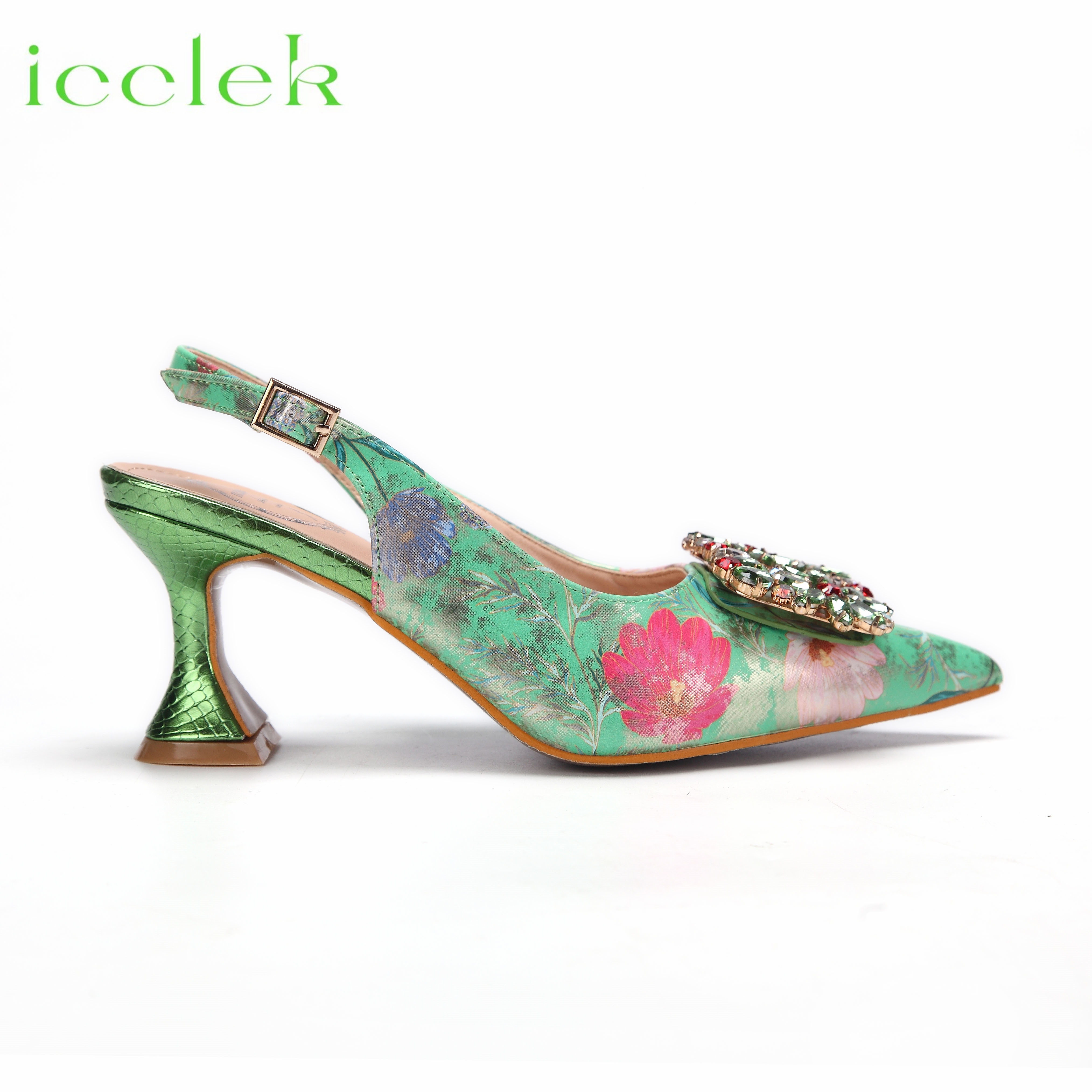 New Green Color Mature Design Pointed Toe Ladies Sandal Printing wer Material Shoes and Bag Set For Women Wedding Party