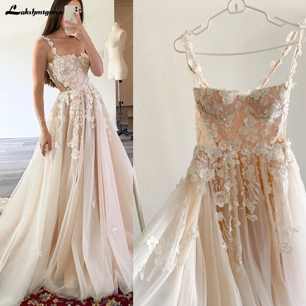 Lakshmigown Light Champagne Wedding Dresses 3D Flowers Spathetti Straps A Line Wedding Gown Beach Sweetheart Wedding Gowns