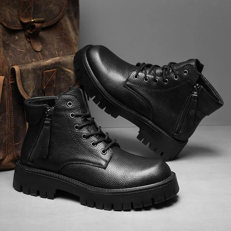 Thick Bottom Mens Black High Top Shoes Genuine Leather Ankle Boots for Men High Quality Side Zipper Motorcycle Botas Basic Boots