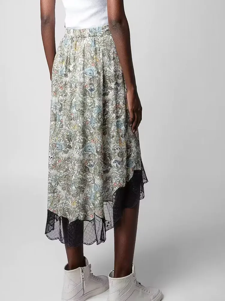 Women's Skull Floral 2025 Print Skirt Lace Trim High Waist Lady Irregular new Midi Jupe 2023 Spring Summer
