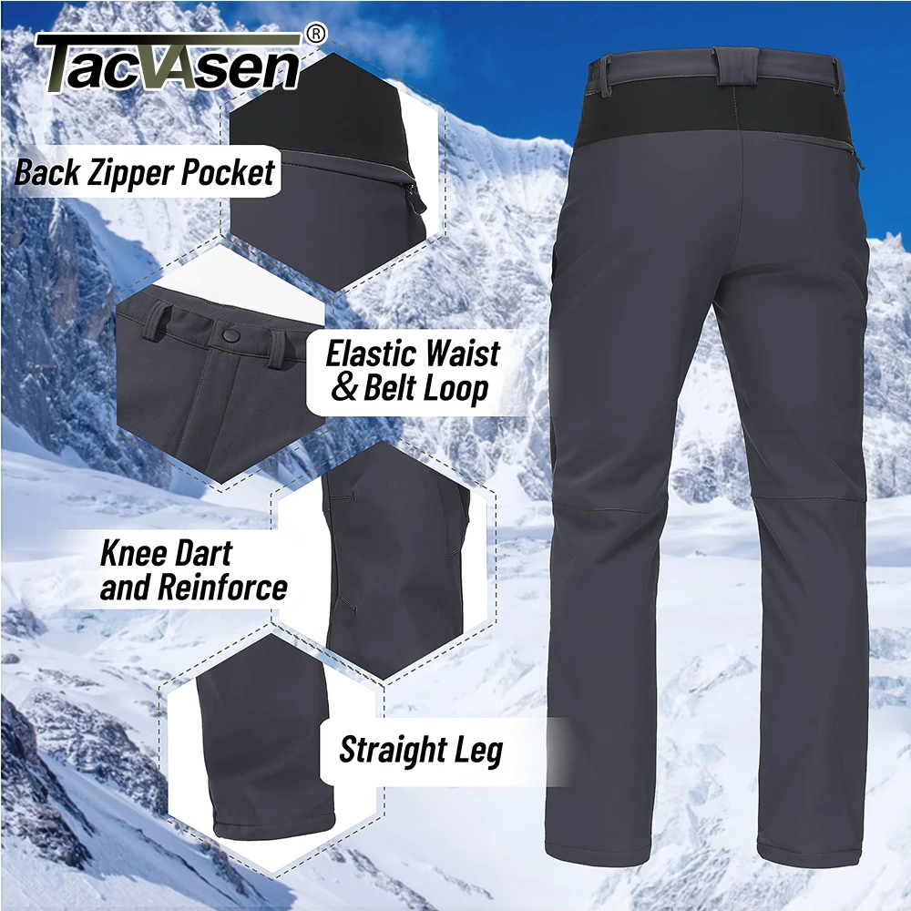 TACVASEN Winter Ski Pants Mens Hiking Warm Fleece Lined Pants Waterproof Windproof Zipper Pockets Pants Softshell Work Trousers