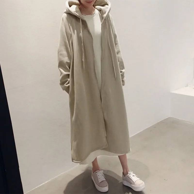 2023 Autumn Woman Long Coat Lady Loose Casual Grey Black Almond Blue Women's Hoodies Coat New Hoody Zip Up Pockets Long Sleeves