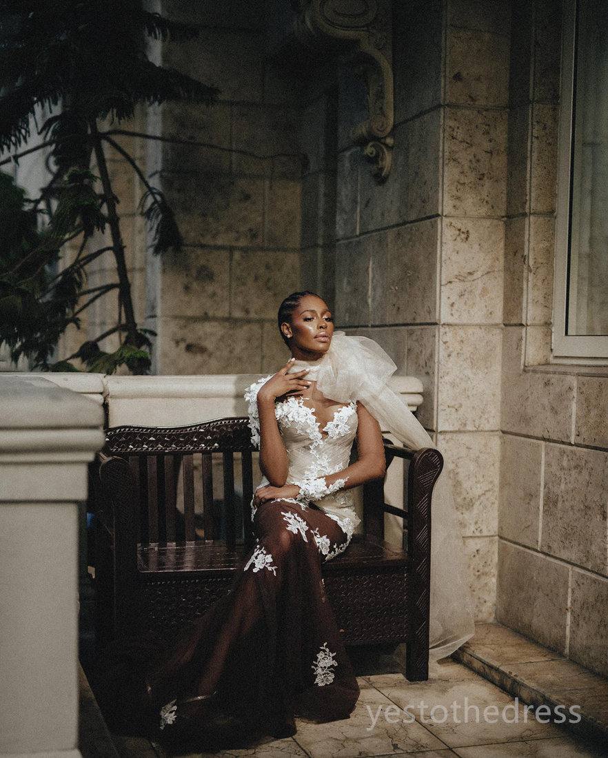 R&W 2024 Mermaid Dresses Bridal Plus Size High Neck Appliqued Beaded Lace Wedding Gowns for African Black Women Special Ocns D219