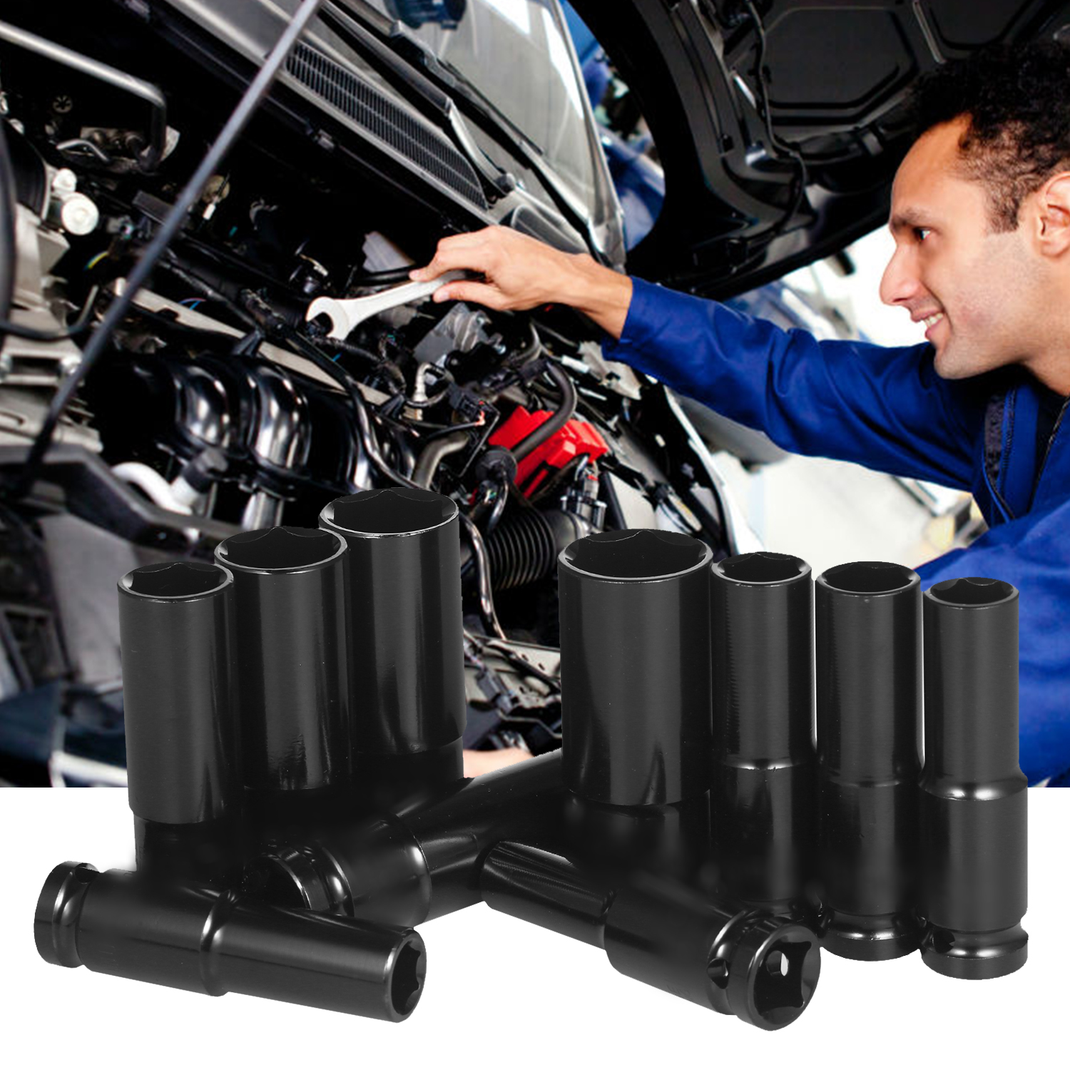 10pcs 1/2" Drive Deep Impact Socket Set Drive Metric Wrench Socket Deep Impact Socket Pneumatic Wrench Head Tire Removal Tools