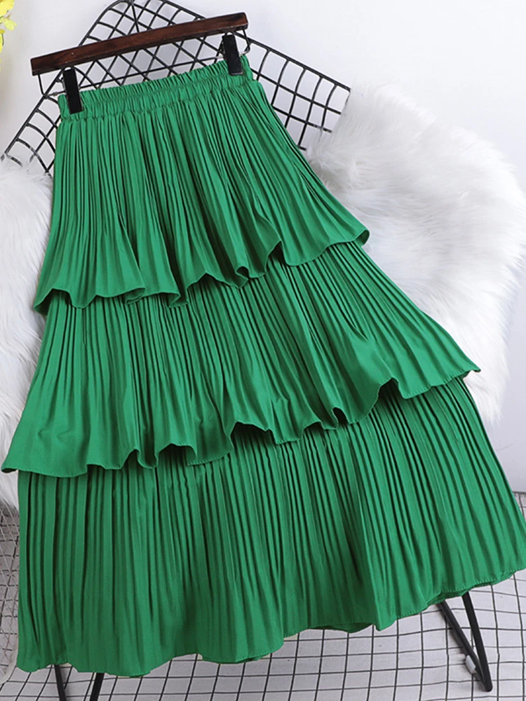 TIGENA Tiered Pleated Long Skirt for Women New Korean Casual Solid All-match A Line High Waist 2025 new Mid-length Skirt Female Purple