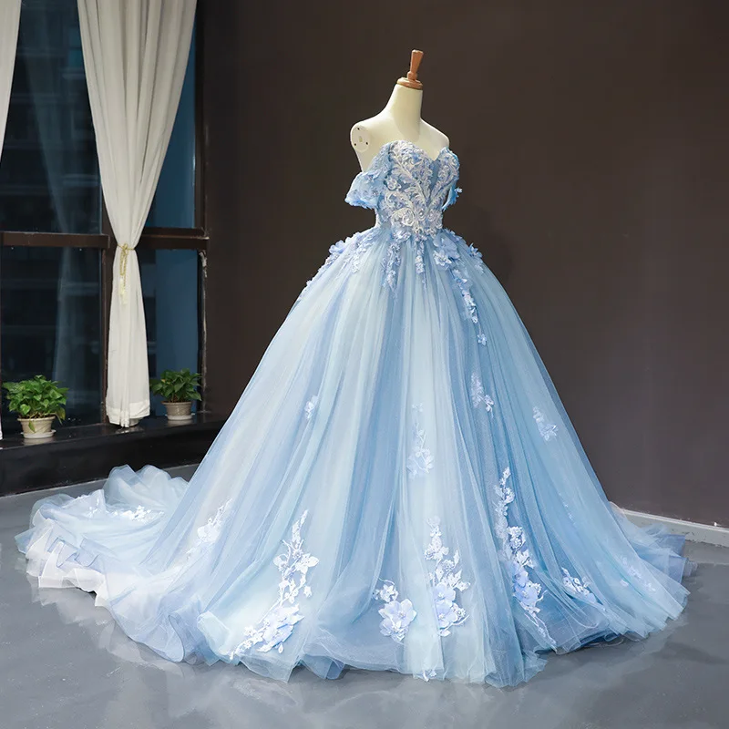 Light Blue Modest Quinceanera Dresses Ball Gown Sweetheart Off The Shoulder Lace Appliqued 3D Flowers Sweet 16 Dresses Prom Gown