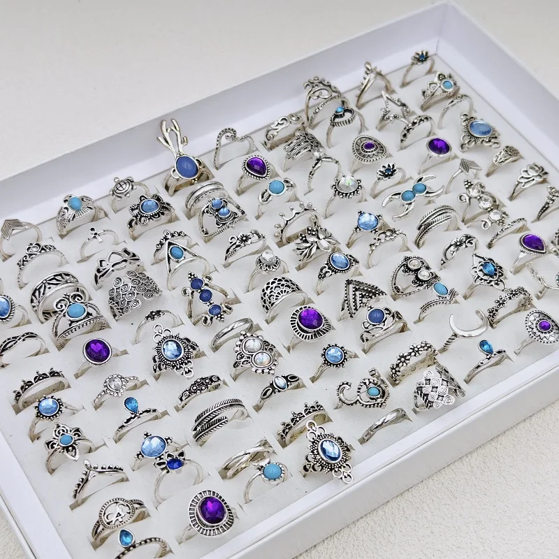 36Pcs/Lot Bohemia Vintage Silvery Rings for Women and Girl Mixed Alloy Crown Flower Finger Ring Charm Jewelry Gift Wholesale