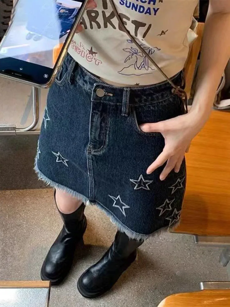 Haruku Women Denim Skirt Gothic Punk Vintage Star 2025 Embroidery High Waist Faldas Japanese Tassel new Y2k Skirts Saia Mujer