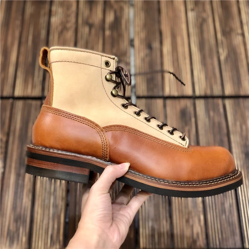 New Handmade Round Toe Vintage British Men White Cow Leather Shoes Autumn Winter Ankle Boots Work Tooling Motorcycle Boots Mixed