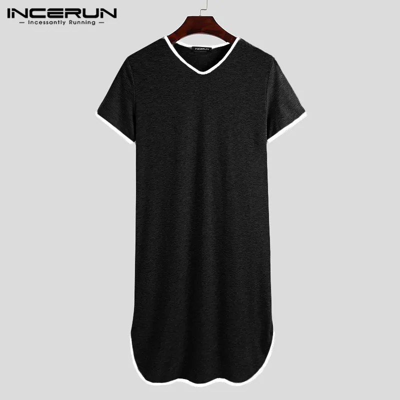 INCERUN Men Robes Homewear Patchwork 2025 V Neck Short Sleeve new Bathrobes 2023 Summer Cozy Men Nightgown Leisure Dressing Gown S-5XL