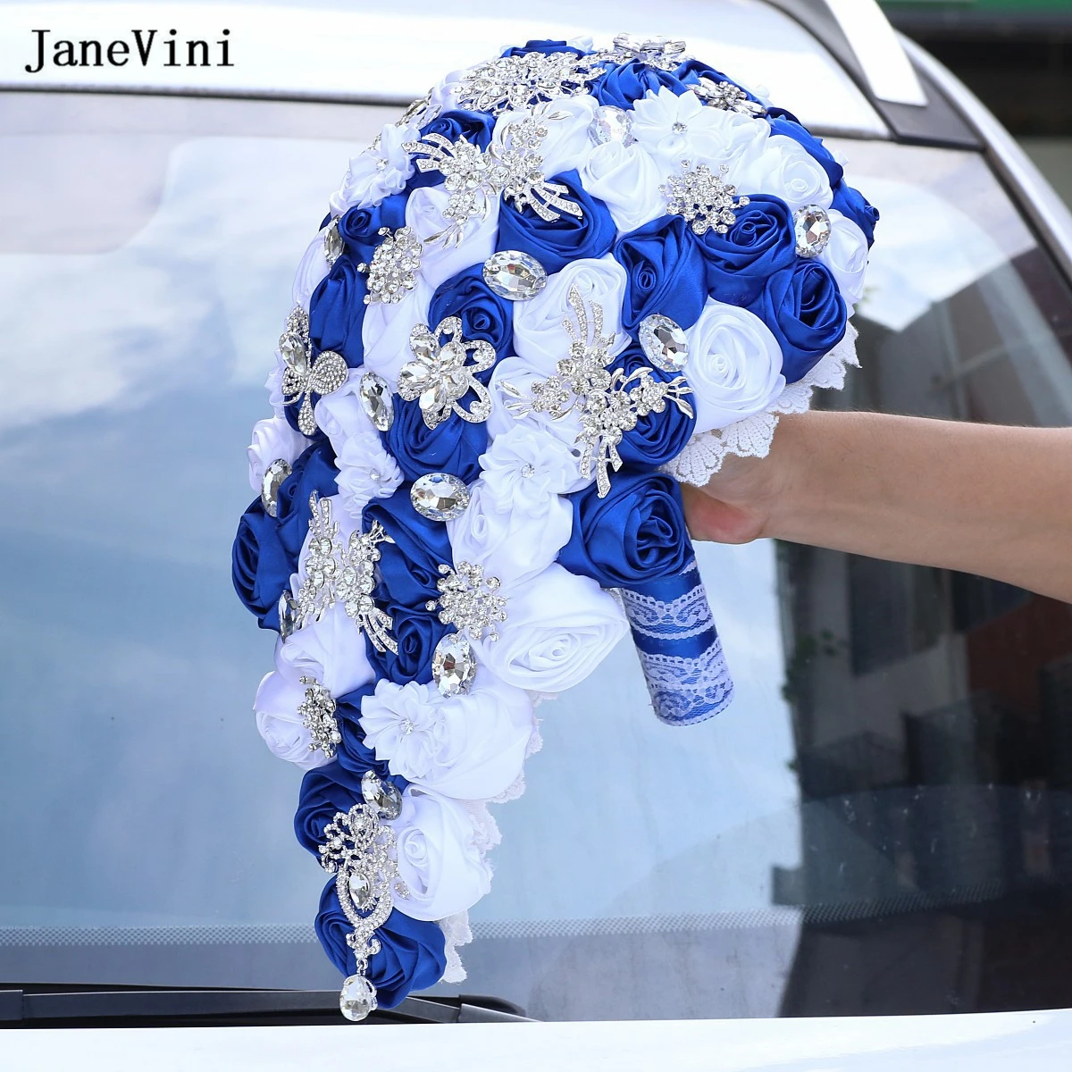 JaneVini Royal Blue White Satin Flowers Waterfall Bridal Bouquets Sparkly Crystal new Cascading Bouquet Accessories 2025 for Bride