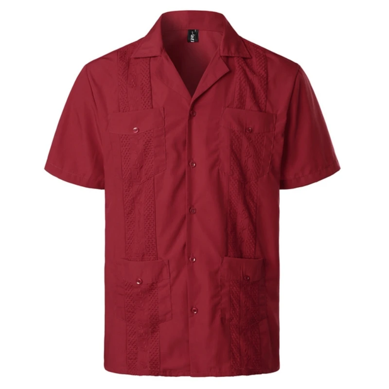 Men's Cross Dyed Guayabera Woven Button-Down 2025 solid Shirt Short Sleeve Embroidered Traditional Cuban Shirt with new Revere Collar 4XL
